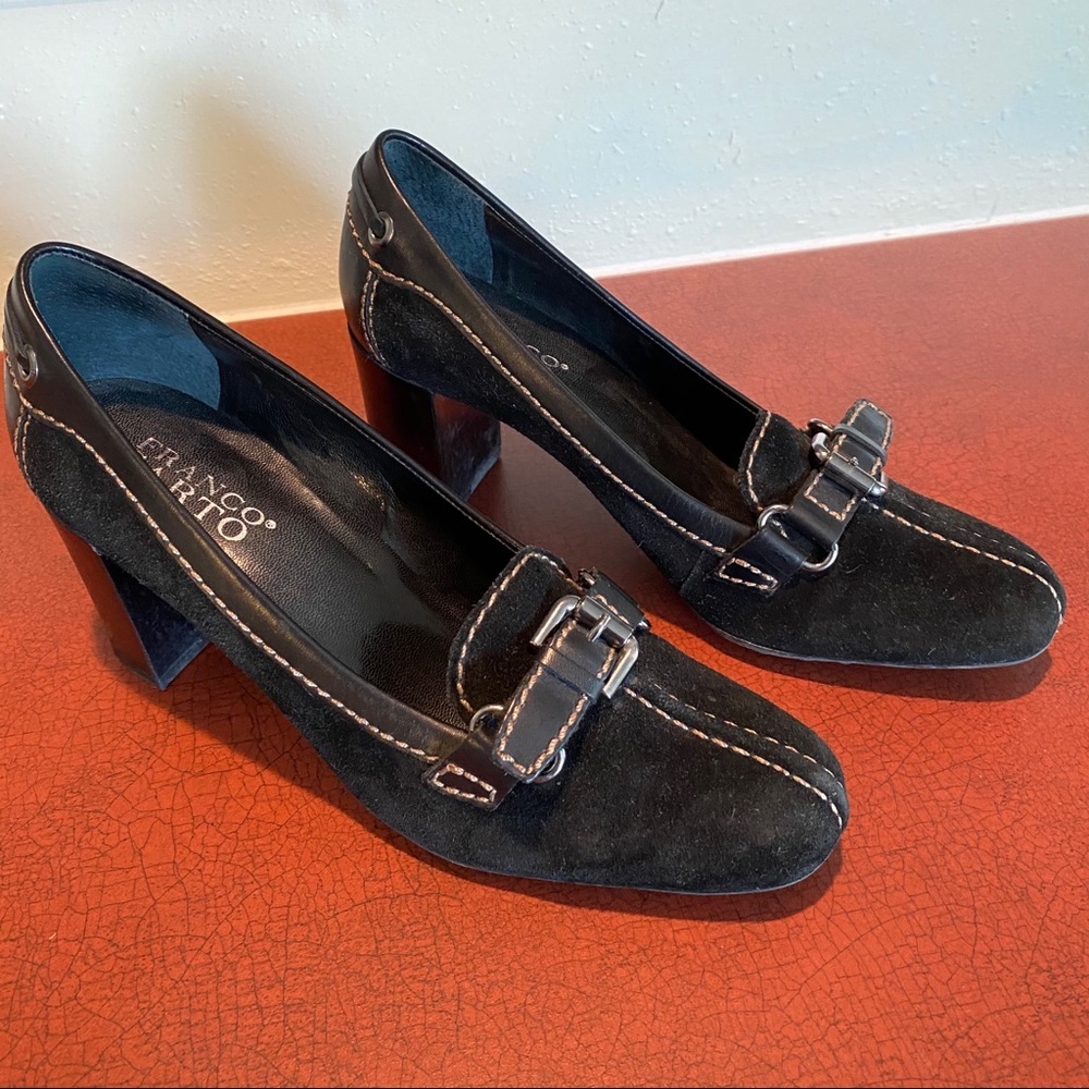 Franco Sarto Shoes Suede Heels 7M SUEDE LEATHER BLACK CHUNKY HEEL Woman’s